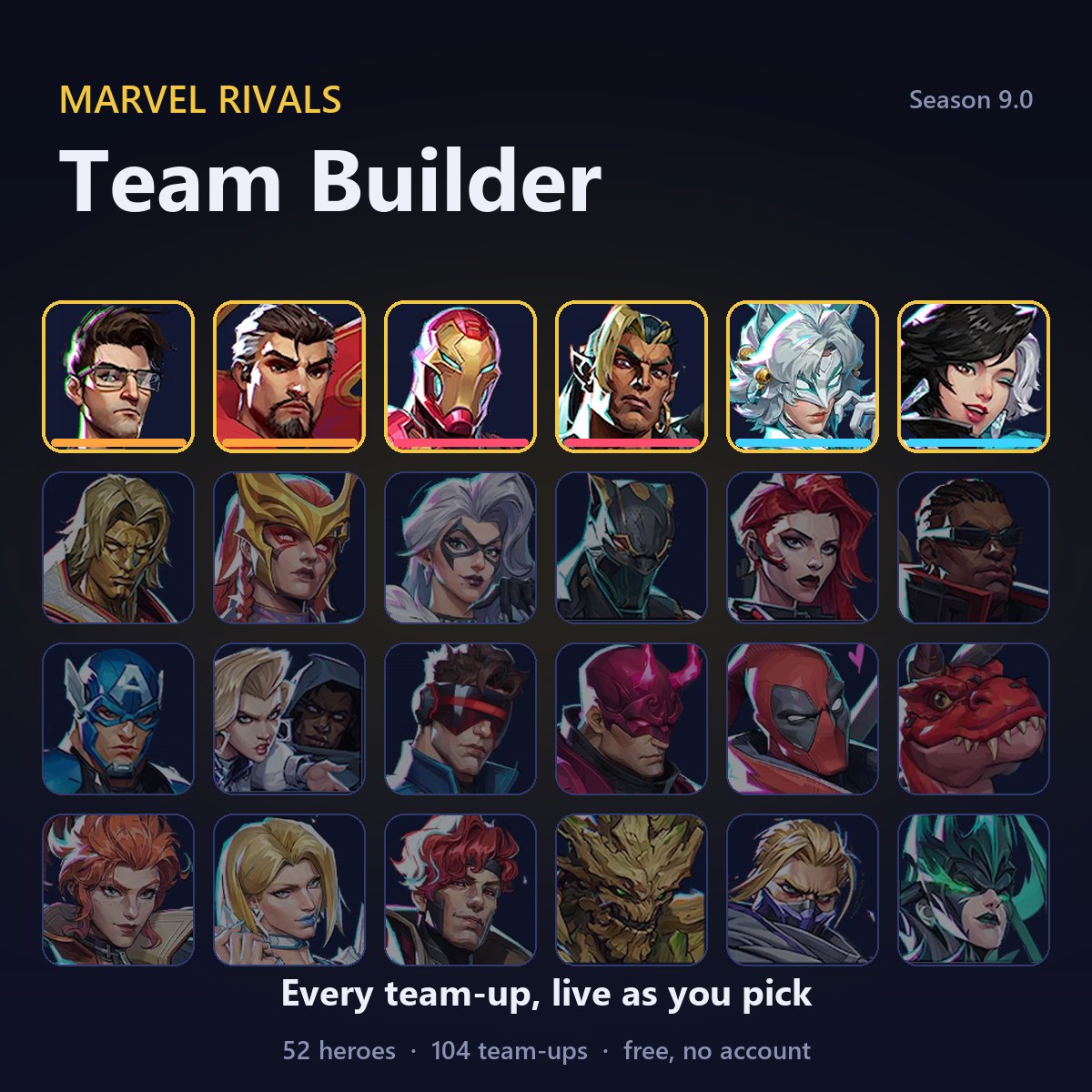 The Marvel Rivals Team Builder hero select: a grid of Season 9.0 hero portraits with Hulk, Doctor Strange, Iron Man, Namor, White Fox and Luna Snow picked and outlined in gold to show their active team-ups.