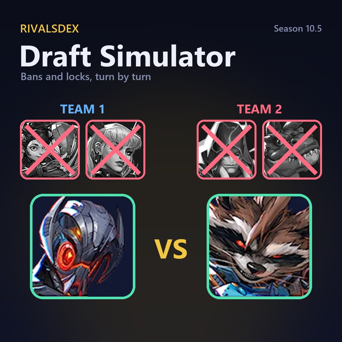 Team 1 versus Team 2 in a Marvel Rivals draft: each side has two hero portraits struck through in red as bans, above one larger portrait ringed in green as its locked pick.